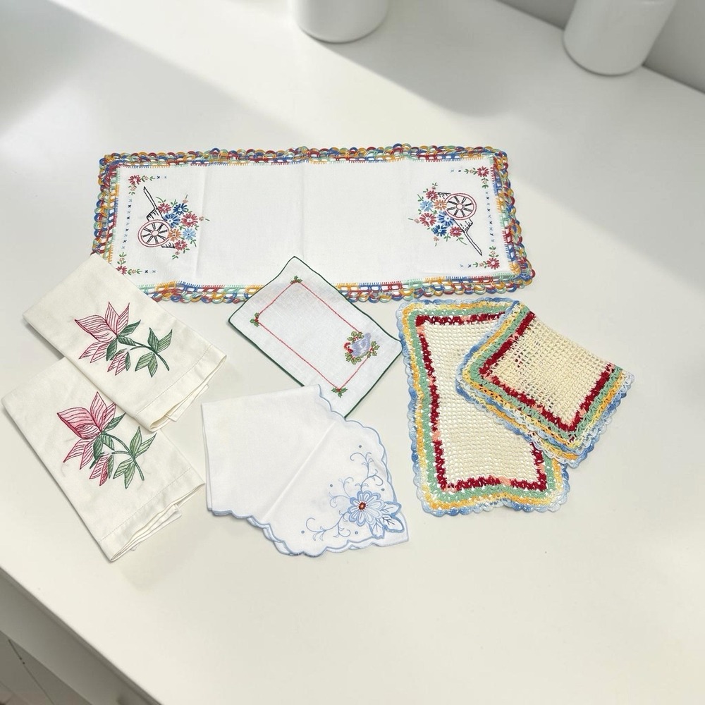 Vintage Doilies Lot Of 7 Table Scarf & Topers Crocheted Embroidered Handmade